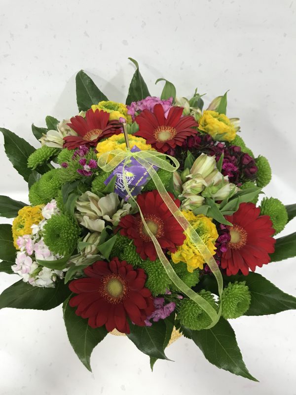 Ramo bouquet tonos rojos, verdes y amarillos