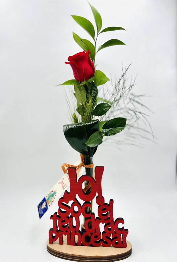 Base de madera " Jo sòc el teu drac, princesa" con Rosa natural.