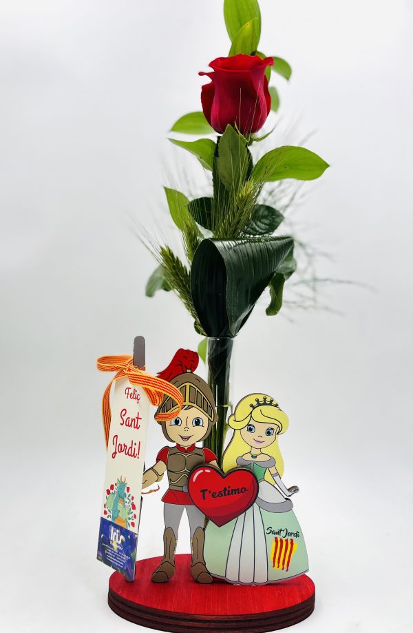Base de madera con Sant Jordi y la princesa con Rosa natural