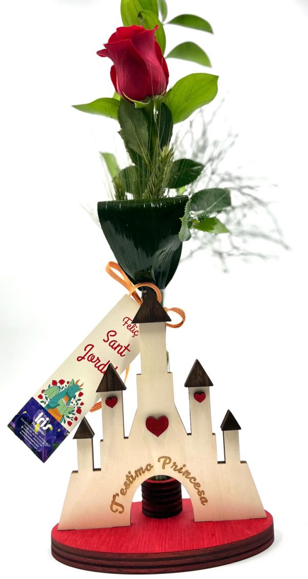 Base de madera con castillo y rosa natural - Imagen 4