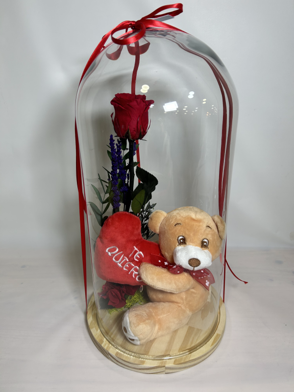 Cúpula con rosa eterna y peluche 42cm