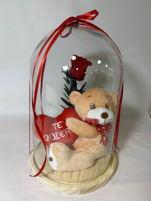 Cúpula con rosa eterna y peluche 32cm
