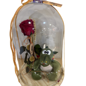 Rosa preservada en una cúpula de cristal con dragón de peluche 35cm